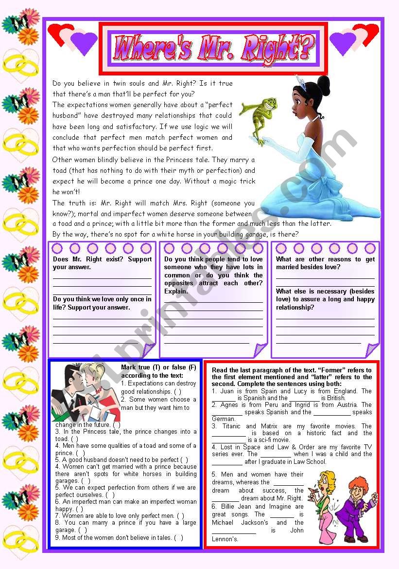 Where S Mr Right Reading Comprehension Grammar The Former The Latter 3 Tasks Editable Esl Worksheet By Zailda